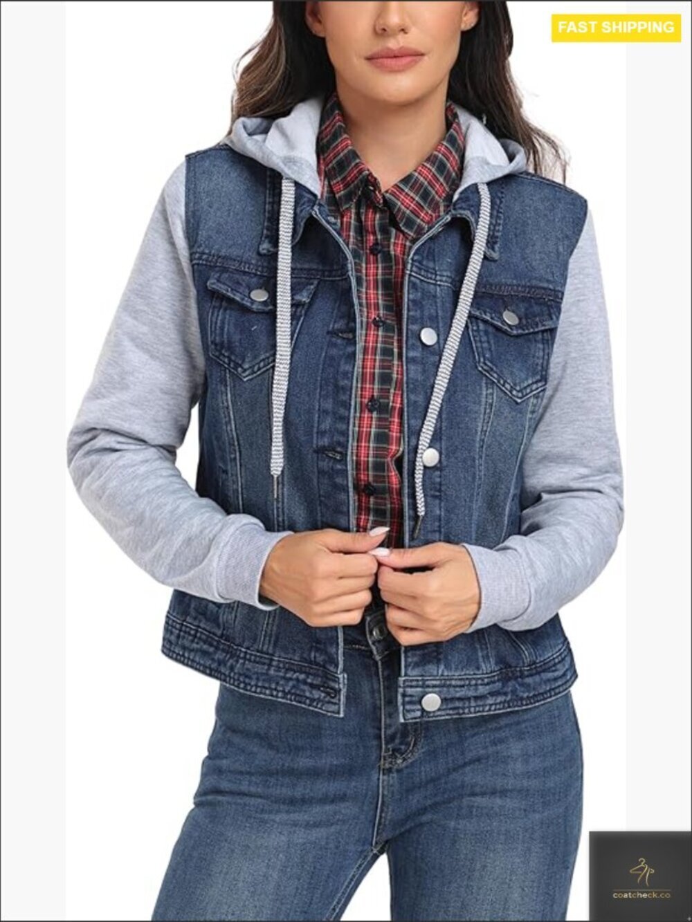 Hooded Denim Jacket Sweatshirt Blend Classic Y2K Layered Drawstring Pockets